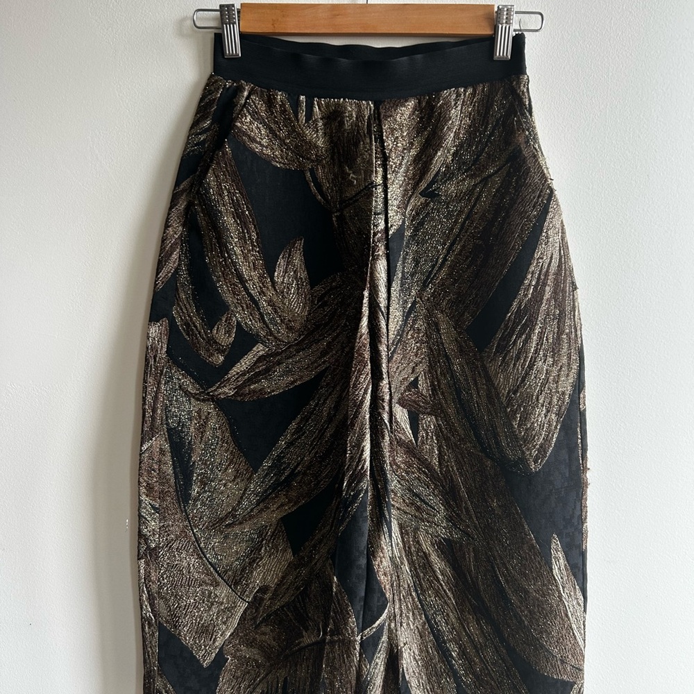 Metallic Jacquard Midi Skirt | Leaf Print | Black & Bronze | Size S